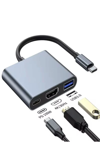 çelikwork inspiring technology FH007 3in 1 USB-C Hub USB 3.0, PD 100W Type-C, 4K/30Hz Ultra HDM & USB Çevirici Çoklayıcı Ofis - Resim 2