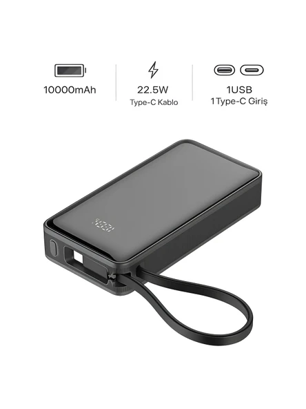 ÇELİKWORK PW109 10000mAh 22.5W Hızlı Şarj Dahili TYPE-C Kablo USB-TYPE-C Giriş Powerbank Digital Display ürün görseli 1