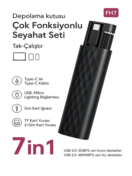 ÇELİKWORK F0H7 7 in1  Type-C, USB, Micro Lighting Port, Seyahat Seti İPhone, Android Uyumlu PC Çevirici - Resim 6