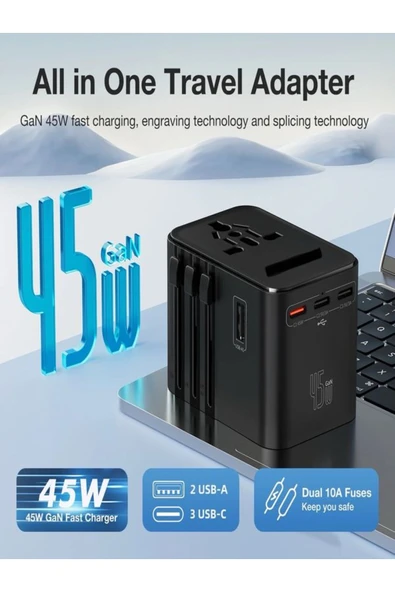 ÇELİKWORK FC-22 45W Global Seyahat Şarj Aleti - 2 USB-A, 3 TYPE-C, 1 AC Priz Adaptörü Çoğaltıcı - Resim 2