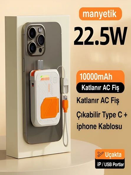 ÇELİKWORK 5'in 1 PD 22.5W Hızlı Şarj Powerbank - 10000mAh, Kablolu ve Kablosuz Standlı Çoklu Fişli Şarj Cihazı - Resim 6
