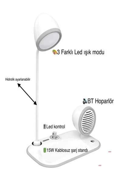 çelikwork inspiring technology 15w Kablosuz Wireless Şarj Standı - 3in1 Ayarlanabilir Masa Lambası Ve Bluetooth Hoparlör Tasarımı - Resim 4