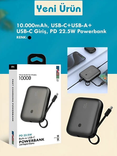 ÇELİKWORK Fp011 10000mah Pd 22.5watt Hızlı Telefon Şarj Aleti Elektronik Taşınabilir Type-c Batarya Powerbank - Resim 6