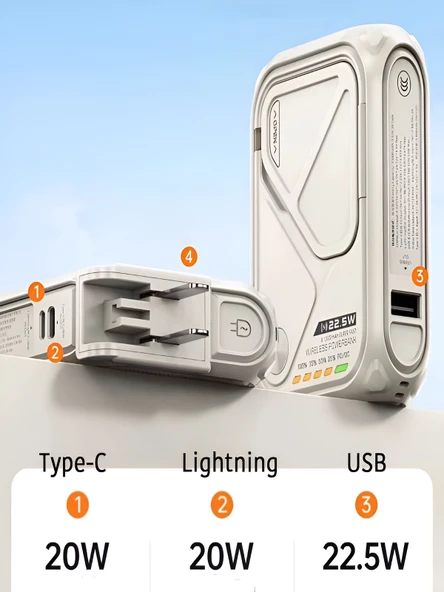ÇELİKWORK 5'in 1 PD 22.5W Hızlı Şarj Powerbank - 10000mAh, Kablolu ve Kablosuz Standlı Çoklu Fişli Şarj Cihazı - Resim 4
