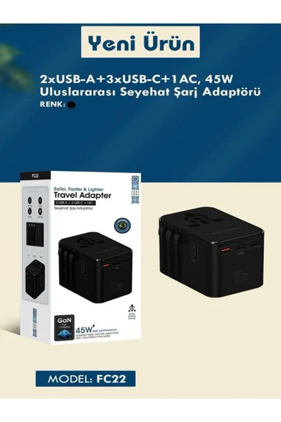 ÇELİKWORK FC-22 45W Global Seyahat Şarj Aleti - 2 USB-A, 3 TYPE-C, 1 AC Priz Adaptörü Çoğaltıcı - Resim 6