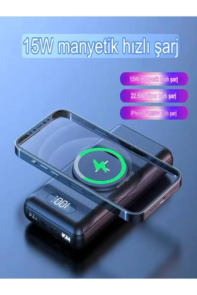 ÇELİKWORK 10000mAh PD Kablolu 22.5W Kablosuz Wireless 15W Dahili USB Micro TYPE-C iPhone Powerbank - 3