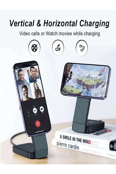 ÇELİKWORK 3in1 15W Mıknatıslı Kablosuz Şarj Standı Hızlı Şarj, Telefon, Kulaklık & Saat İçin Masaüstü Standı - Resim 2