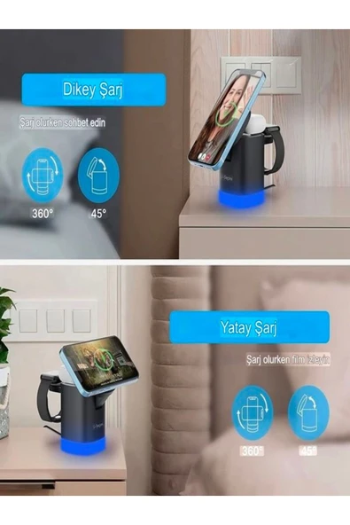 ÇELİKWORK AW013 15 3-in-1 Kablosuz Mıknatıslı RGB Işıklı Saat, Telefon ve AirPods Şarj Standı - Resim 5