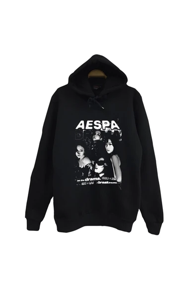 Aespa Müzik Grubu K-Pop Baskılı Unisex %100 Pamuk Kapüşonlu Siyah Sweatshirt ürün görseli 1