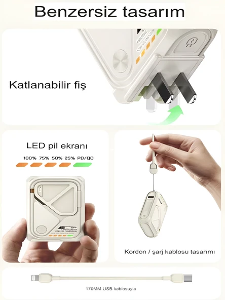 ÇELİKWORK 5'in 1 PD 22.5W Hızlı Şarj Powerbank - 10000mAh, Kablolu ve Kablosuz Standlı Çoklu Fişli Şarj Cihazı - Resim 2