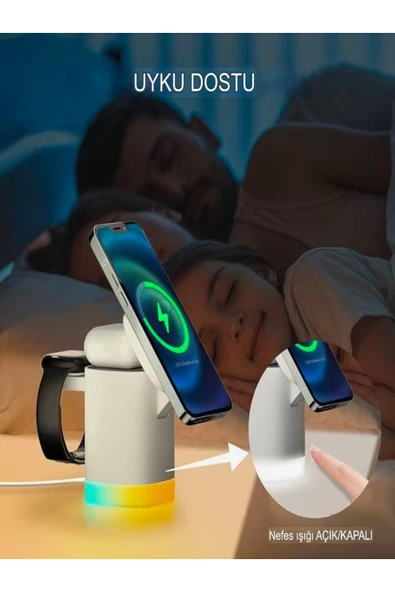 ÇELİKWORK AW013 15 3-in-1 Kablosuz Mıknatıslı RGB Işıklı Saat, Telefon ve AirPods Şarj Standı - Resim 3