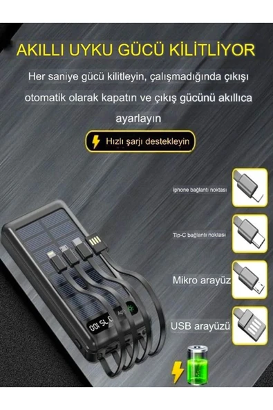 çelikwork inspiring technology 20000mah Güneş Enerjili 2usb Mikro Lightning Iphone Type-c Kablolu Powerbank Taşınabilir Batarya - Resim 2