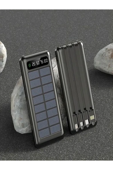 ÇELİKWORK 10000mah Güneş Enerjili 2usb Mikro Lightning Iphone Type-c Kablolu Powerbank Taşınabilir Batarya ürün görseli 1