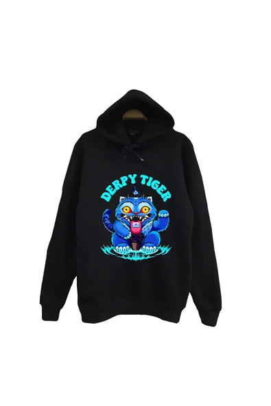 K-Pop Demon Hunters – Derpy Blue Tiger Baskılı Unisex %100 Pamuk Kapüşonlu Siyah Sweatshirt ürün görseli 1