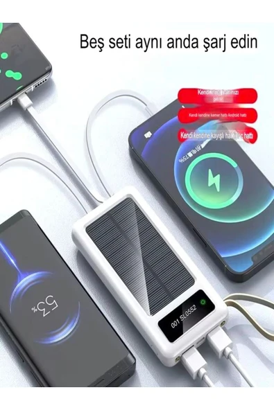 ÇELİKWORK 30,000mah Güneş Enerjili Powerbank 2 Usb, Mikro Lightning Type-c Kablolu Fenerli Taşınabilir Batarya - 5