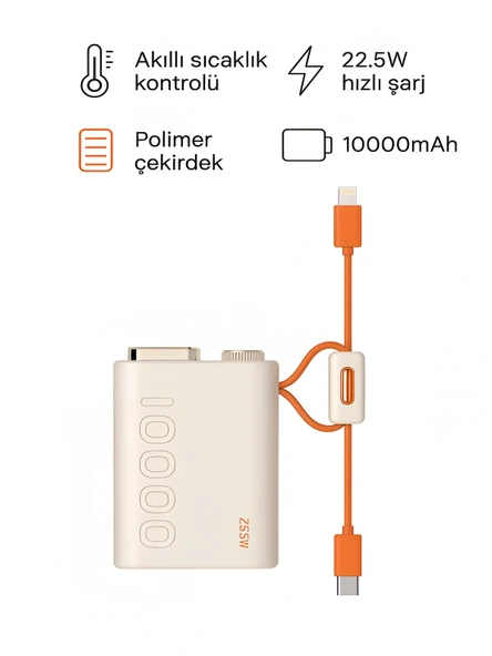DEANB Mini Powerbank 22.5W PD Hızlı Şarj Type-C & Lightning Kablolu LED Göstergeli Taşınabilir Şarj Cihazı ürün görseli 1