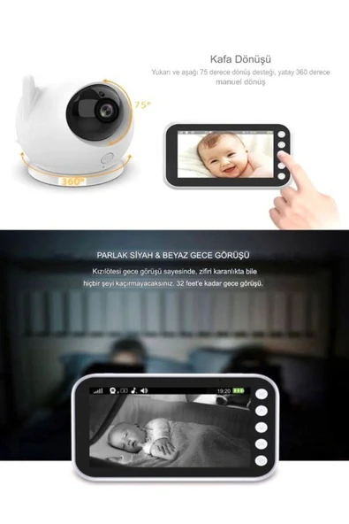 DEANB Full hd Bebek Kamerası 2.4 ghz Wireless, 360° Dönen Ptz Gece Görüş, Monitörlü Interkom Özellikli - 4