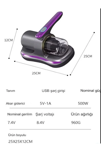 DEANB Kablosuz UV Işıklı Yatak Akar Sökücü 12V 1500mAh Şarjlı Toz Akarı Temizleyici Süpürge | Mite Cleaner - 8