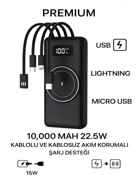 ÇELİKWORK 10000mAh PD Kablolu 22.5W Kablosuz Wireless 15W Dahili USB Micro TYPE-C iPhone Powerbank - Resim 5