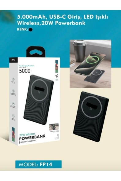 ÇELİKWORK FP14 5000mAh 20Watt USB-C LED Işıklı Wireless Slim Taşınabilir Kablosuz Powerbank - Resim 7