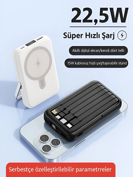 ÇELİKWORK PW-122 10000mAh 15W Kablosuz Kablolu LCD 22.5W Mikro Lightning Type-C Kablolu Powerbank - Resim 2
