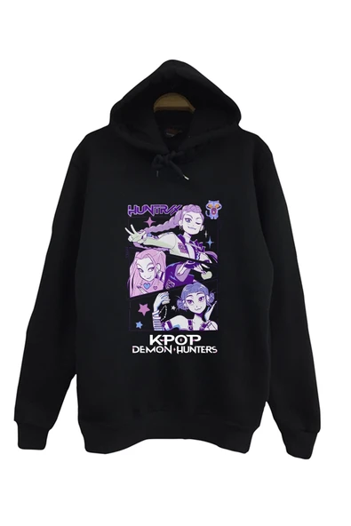 K-Pop Demon Hunters Baskılı Unisex %100 Pamuk Kapüşonlu Siyah Sweatshirt ürün görseli 1