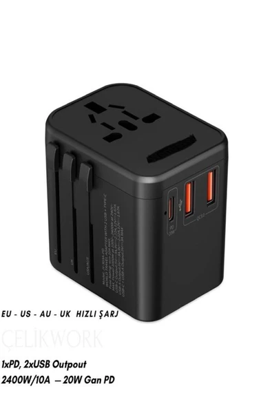 ÇELİKWORK Fc-14 20w Global Seyahat Şarj Aleti - 2 Usb-a, 1 Pd-type-c Priz Adaptörü Çoğaltıcı - 1