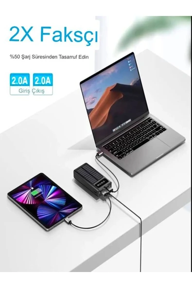 ÇELİKWORK 30,000mah Güneş Enerjili Powerbank 2 Usb, Mikro Lightning Type-c Kablolu Fenerli Taşınabilir Batarya - 4