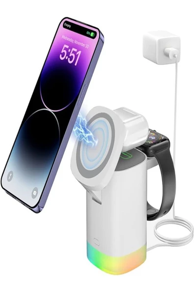 ÇELİKWORK Aw013 Kablosuz Rgb Şarj Istasyonu, 15w Manyetik 3'ü 1 Arada Hızlı Kablosuz Şarj Cihazı Standı ürün görseli