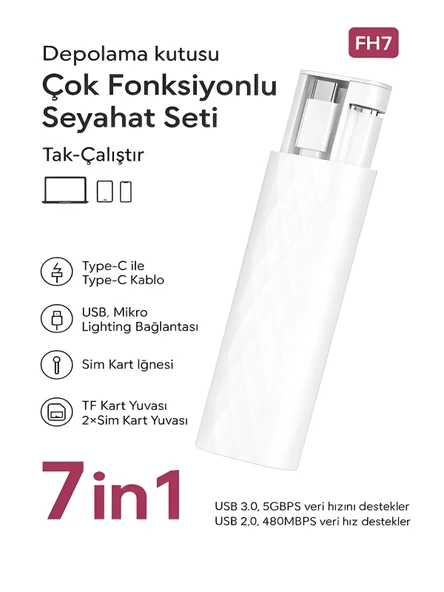 ÇELİKWORK F0H7 7 in1  Type-C, USB, Micro Lighting Port, Seyahat Seti İPhone, Android Uyumlu PC Çevirici - Resim 7
