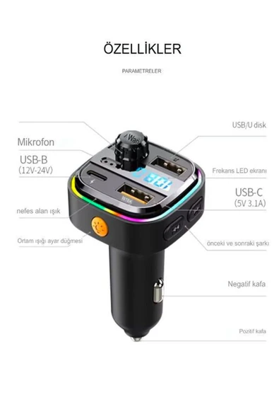 DEANB Car-İn Bluetooth Wireless 3.1A 2USB TF Kartlı Type-C RGB Işıklı Araç İçi FM Transmitter Şarj Cihazı - 8
