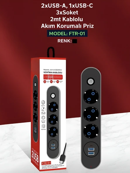 FTR 2500W Termal Akım Korumalı 3lü Priz 2 USB 1 TypeC Sigortalı Çoklayıcı 2 m Kablo - Resim 6