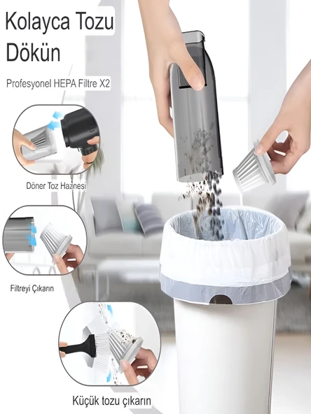 DEANB AHV 8in1 Kablosuz 16000PA Araç Ev Ofis İçi Mini Süpürge 6000mAh Şarjlı Vakum + Üfleme - Resim 5