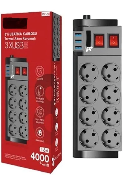 ÇELİKWORK FTR-08 4000W 16A Akım Korumalı 2 Anahtarlı 8'li Priz, 3 USB Portlu, 2 Metre Kablolu Çoklayıcı - 5