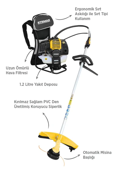 RTM9638 Benzinli Sırt Tipi Tırpan 52 Cc 1.9 Hp - (Tırpan Bıçağı, Misina Başlığı, Hediyeli) - 2