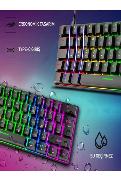 DEANB 62Tuş Mekanik Mini Oyun Klavyesi Uyumlu 19 RGB Rainbow LED'Li Aydınlatmalı Taşınabilir  KLAVYE - 6