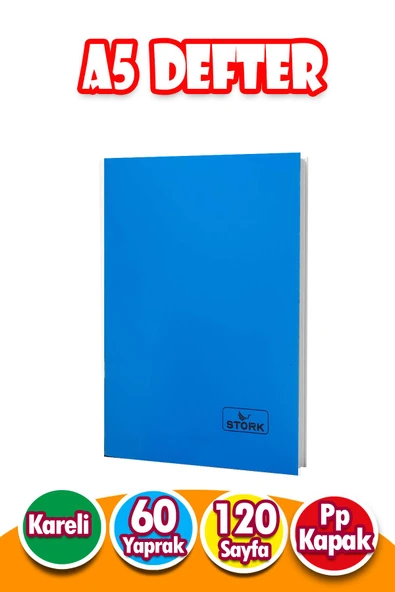 PP Kapaklı Tel Dikişli Defter 60 Yaprak | A5 | Kareli Defter Küçük Boy