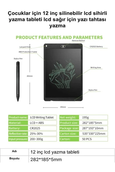 çelikwork inspiring technology Büyük Digital Çok Amaçlı Yazı Tahtası Grafik Çizim Tableti LCD 12" Inc Ekran - 5
