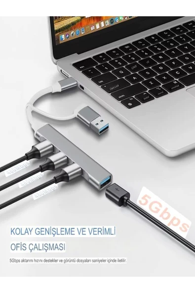 DEANB Alüminyum Metalik 4'ü 1 Arada USB + Type-C Çevirici, USB 3.0 Hızlı Klavye-Mouse Data Çoklayıcı - 5