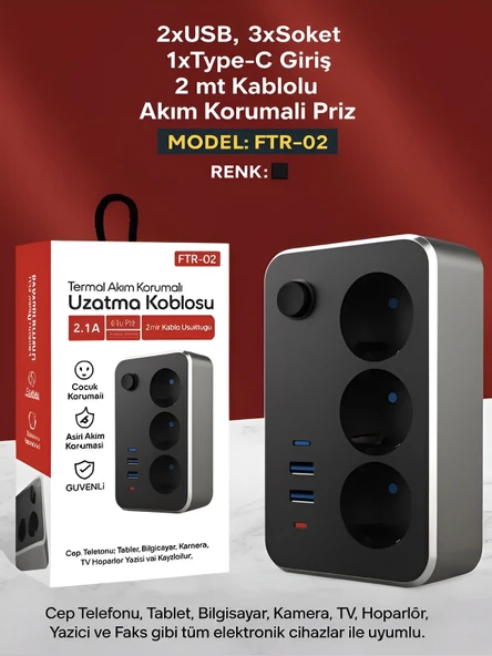 ÇELİKWORK Elektrik Sigortalı Akım Korumalı 2-usb 1-pd Type-c 3'lü Priz 2 Metre Kablo Anahtarlı Termal Korumalı - Resim 6