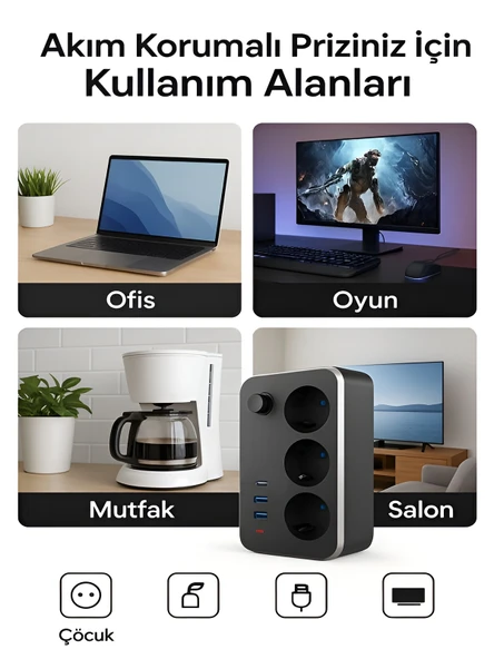 ÇELİKWORK Elektrik Sigortalı Akım Korumalı 2-usb 1-pd Type-c 3'lü Priz 2 Metre Kablo Anahtarlı Termal Korumalı - Resim 5