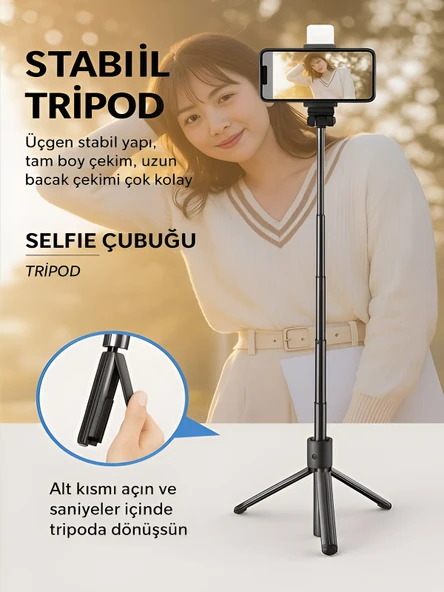 DEANB Bluetooth Kumandalı Tripod Telefon Tutuculu Selfie Çubuğu Telefon, Kamera, Lamba, Yayın Standı - Resim 7
