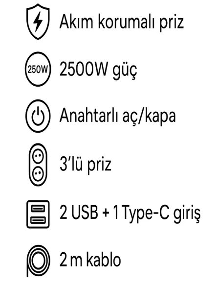 FTR 2500W Termal Akım Korumalı 3lü Priz 2 USB 1 TypeC Sigortalı Çoklayıcı 2 m Kablo - Resim 5
