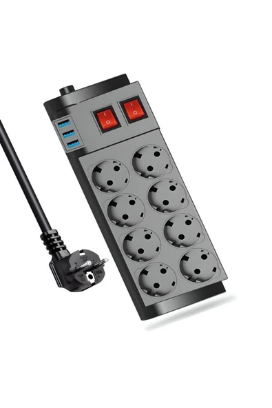 ÇELİKWORK FTR-08 4000W 16A Akım Korumalı 2 Anahtarlı 8'li Priz, 3 USB Portlu, 2 Metre Kablolu Çoklayıcı - 2