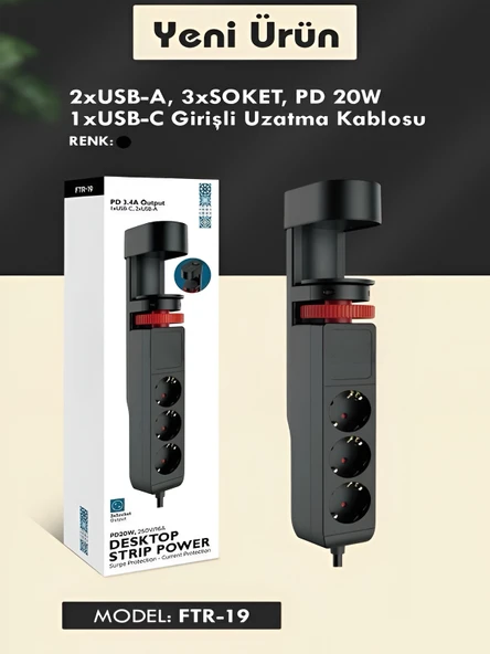 ÇELİKWORK Masa Tutacaklı Akım Korumalı 2xusb-a, 3'lü Priz, Pd 20w 1usb-c Tepe-c Çoklayıcı Tutacaklı Priz - Resim 8