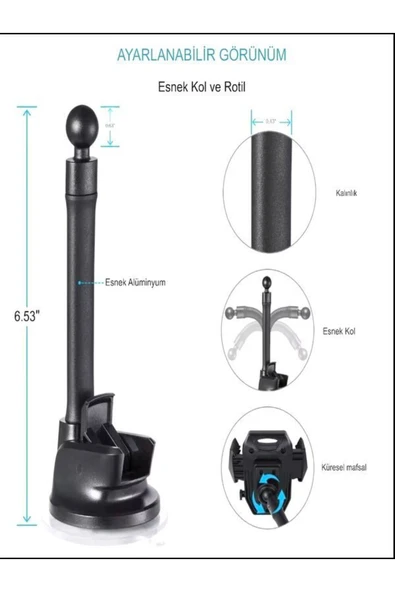 DEANB T1 360° Dönen Oto Aksesuar Araç Içi Telefon Tutacağı Ayna Torpido Montaj Araba Telefon Tutucu - 5