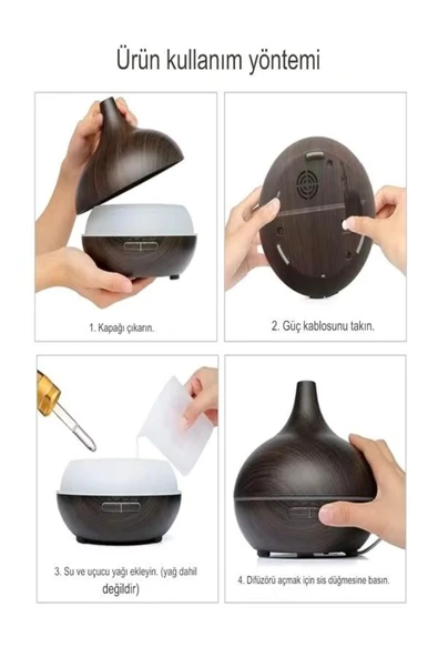 DEANB 500ml Kumandalı Ahşap Desenli Aroma Difüzör – 7 Renk LED, RGB Işıklı Hava Nemlendirici - 6
