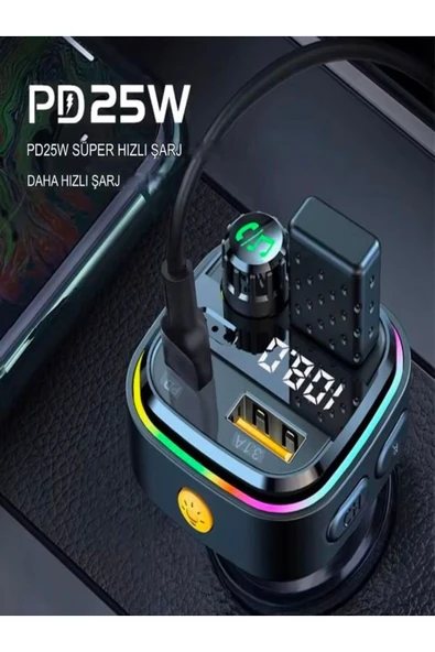 DEANB Car-İn Bluetooth Wireless 3.1A 2USB TF Kartlı Type-C RGB Işıklı Araç İçi FM Transmitter Şarj Cihazı - 3