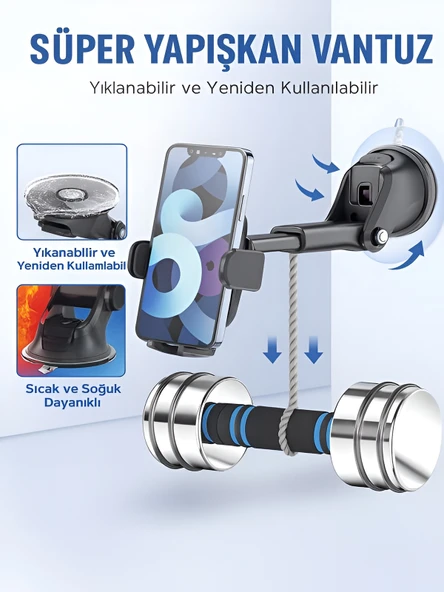 DEANB T78 360 Dönebilen Hidrolik Kanatlı Vantuzlu Araç Içi Telefon Tutucu Ayna Torpido Montajı Tutacak - Resim 6