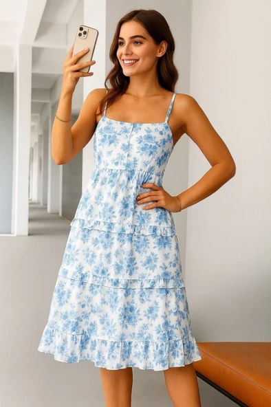 Kadın Sıfır Kol Askılı Dekolteli Yırtmaç Detay çiçek Baskılı Süprem Midi Elbise - Resim 8